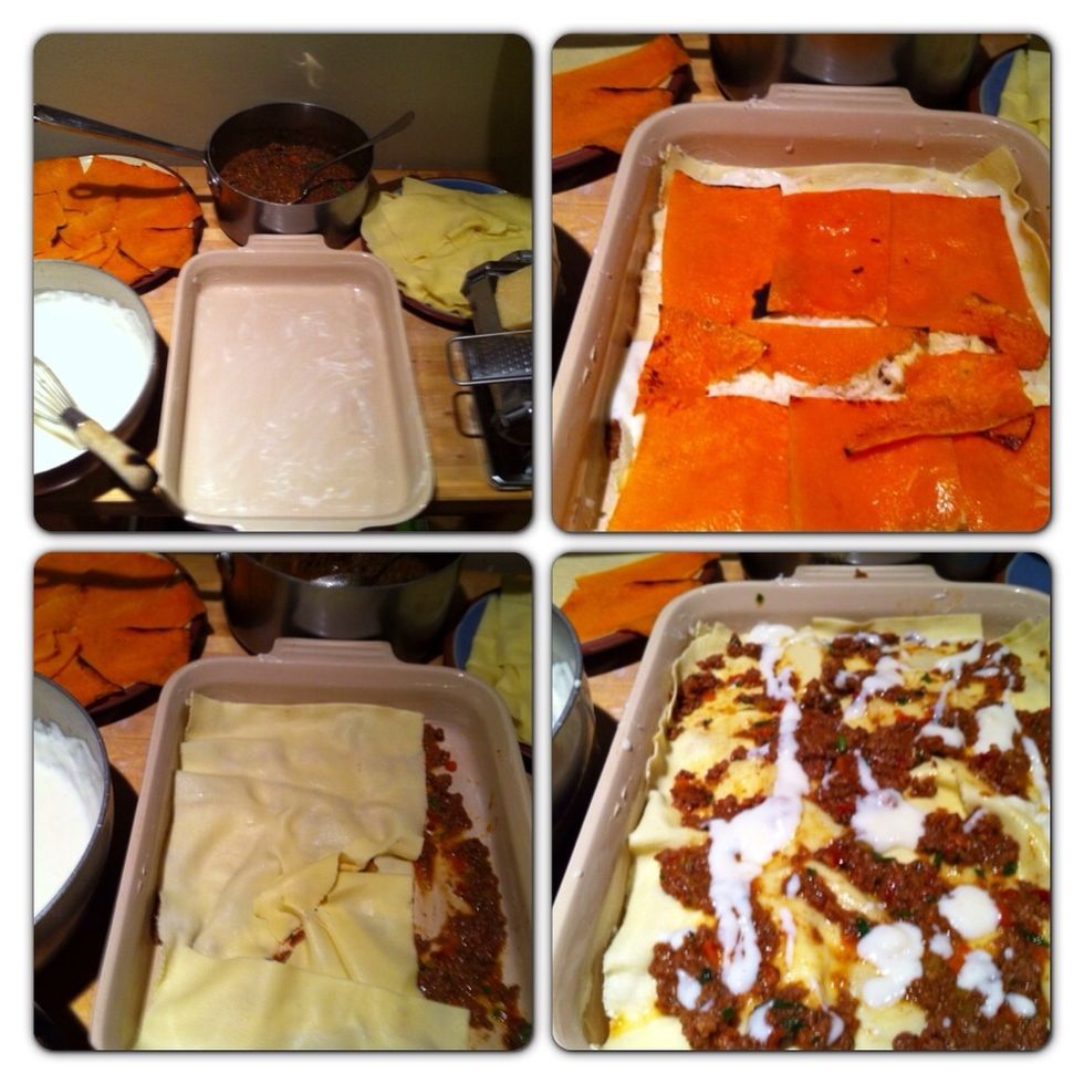 Cook lasagna for 3 min in salted boiling water. Drain, ice bath & dry. Butter pan, 1C Bolognese, noodle, Bolognese, Bechamel, NMGPH (Nutmeg, Grana Padana, & Herb), Butternut  Squash...repeat x2