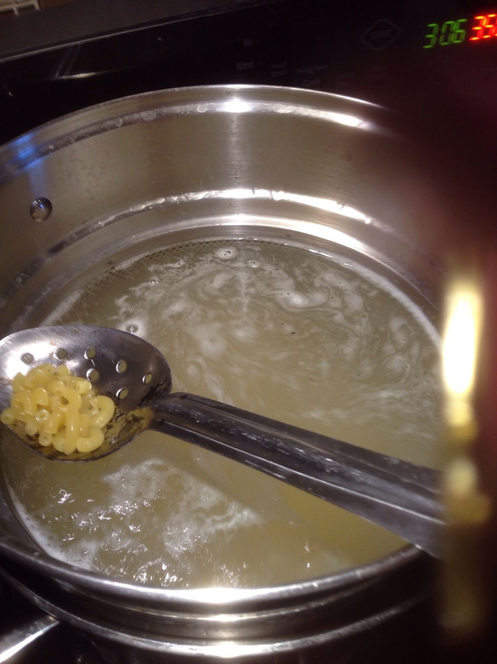 Cook macaroni noodles in salted water