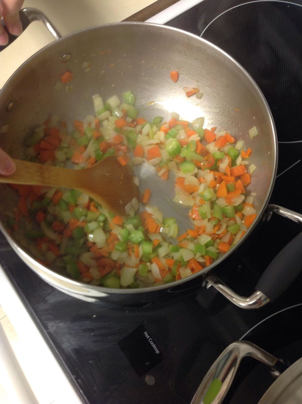Cook mirepoix for 5 minutes until vegetables are tender.