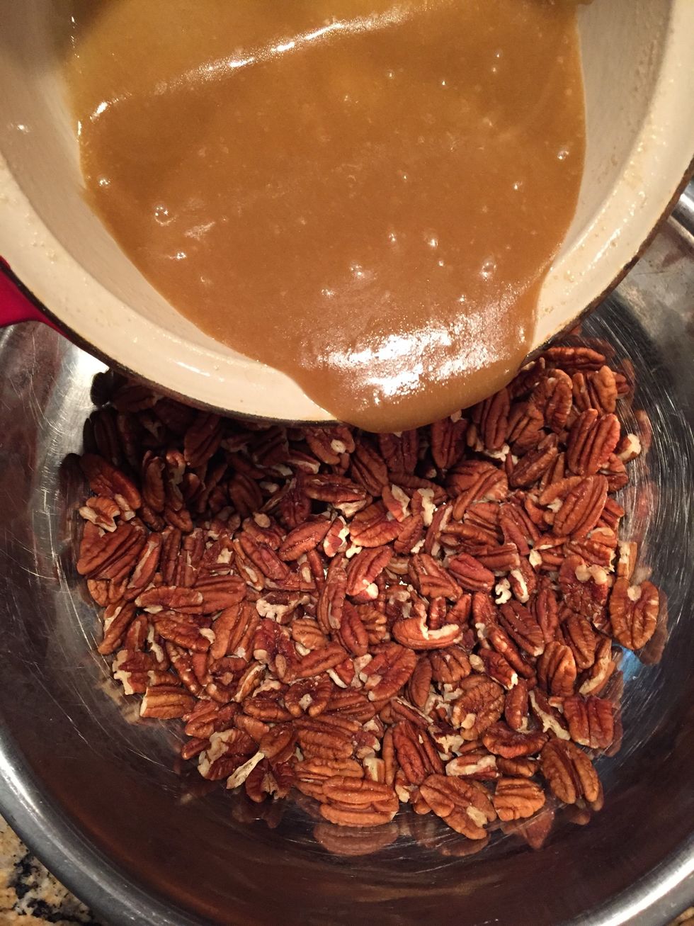 Cook over medium heat just until smooth and combined; then pour over 16 ounces of pecan halves