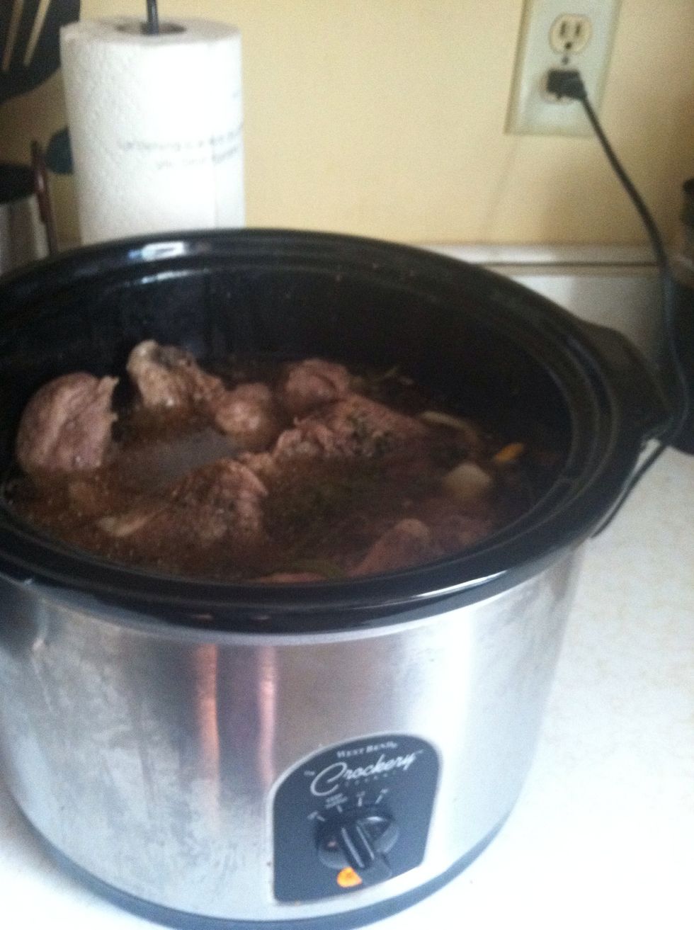 Cook pork on low for about 6-8 hours, started at the keep warm setting for about 5 hours then low for the last 2.