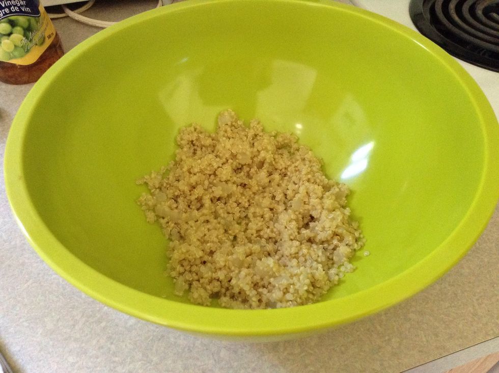 Cook quinoa. 1/4 cup dry quinoa with 1/2 cup water. I threw in 1/4 cup chopped onion. Bring to a boil, then turn to low, cover and cook for 15 minutes. Let cool.