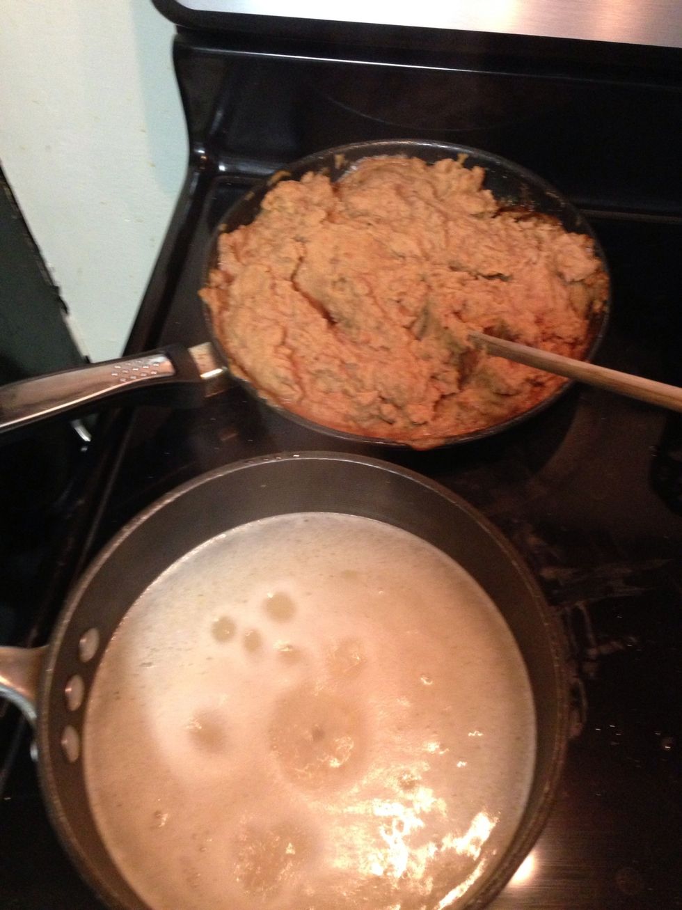 Cook rice and beans (I like to season my rice with garlic and ginger and add a little bacon grease to the beans for flavor)