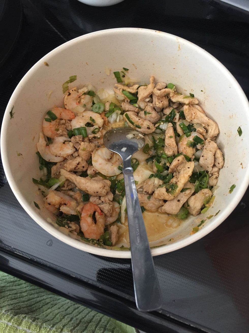 Cook shrimp and/or pork with shallots and pepper, seasoning, salt, honey,