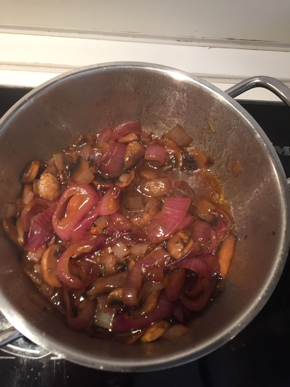 Cook some mashrooms and red onion and challots in a little barbeque sauce + maple syrup +olive oil+salt and pepper