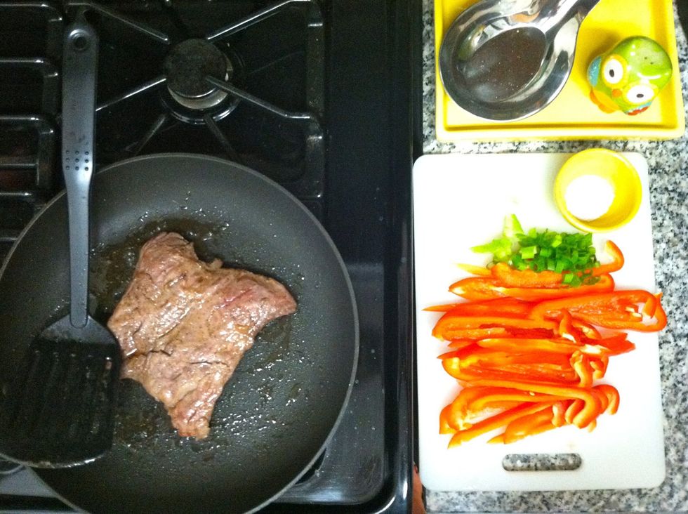 Cook steak 3-5 minutes per side for medium-rare. Let rest for 5 minutes before slicing.