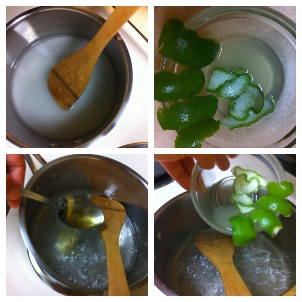 Cook syrup: sugar to mix with water and boil. with squeeze of lime juice. Add honey, juice of lime peel and cook for 2 minutes. then cool