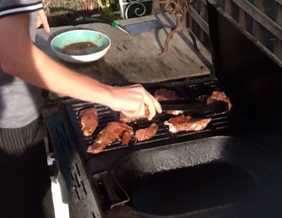 Cook the beef on the BBQ. Turn each side every 3-5 minutes until it's brown or rare if you want.