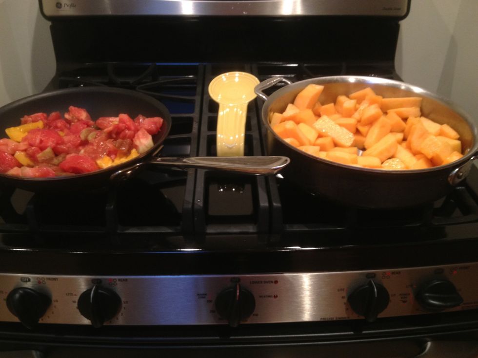 Cook the cantaloupe and tomatoes, stirring, for about 2 minutes (or until they become juicy).