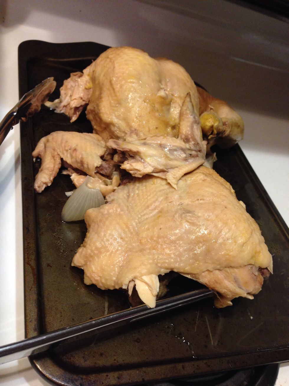 Cook the chicken for 4 hours. Test the doneness of the chicken to see if you can pull a leg off of the chicken with very little effort. If it does not fall off cook until it does.