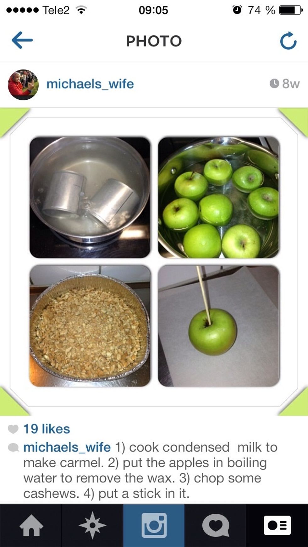 Cook the condensed milk for about 3 hours, put the stick in your apples, dip them in boiled water to remove wax and dirt. Chop nutts of your choice