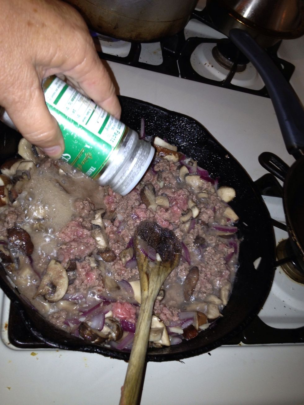 Cook the ground beef until it browns. Add salt ...