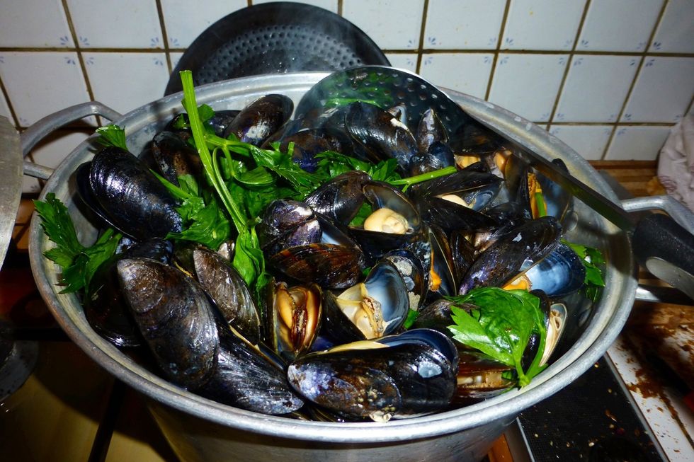 Cook the mussels in a pot with celery, onions, a little salt and pepper and white wine or beer.