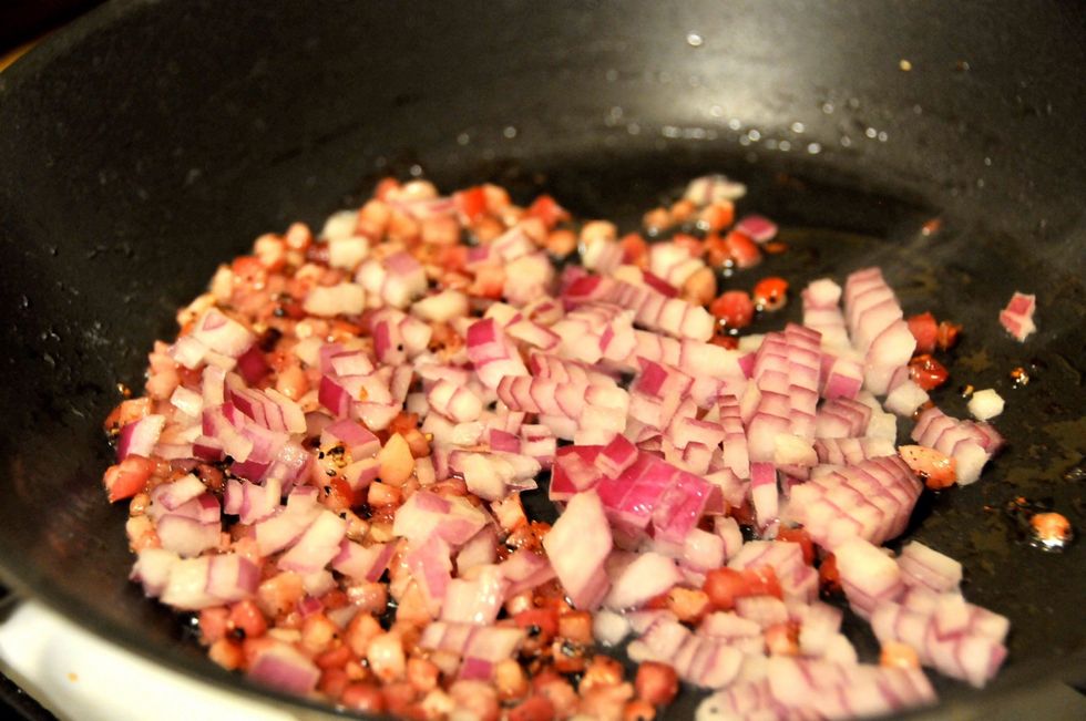 Cook the pancetta for about 6-7 minutes until it is slightly browned. Add the onion and saut\u00e9 for another 7 minutes or so. Remove from heat while the pasta is cooking, but keep it in the pan.