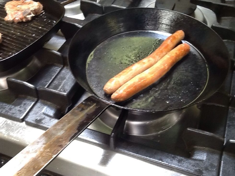 Cook the sausages in the pan with a table spoon of oil on a low heat