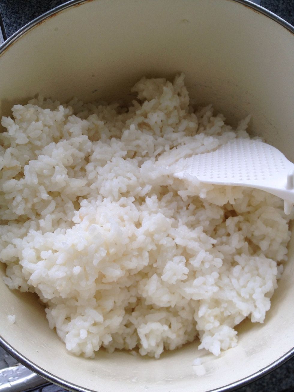 Cook the sushi rice according to the instruction on the package- i use SUMO rice.. Sprinkle the sushi seasoning all over the cooked rice and let it cool