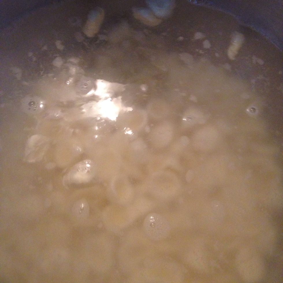 Cook them in salted boiling water for 1-2 minutes then put them into the pan with the sauce and add also the seabass pieces