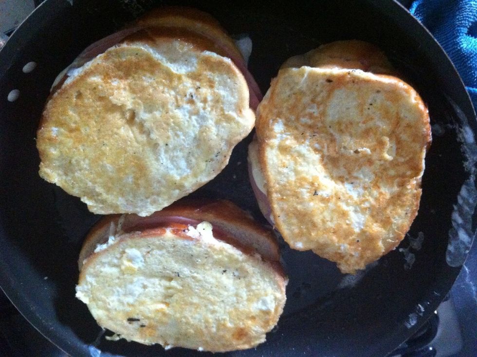 Cook thoroughly on both sides. Texture of bread similar to well cooked French Toast.