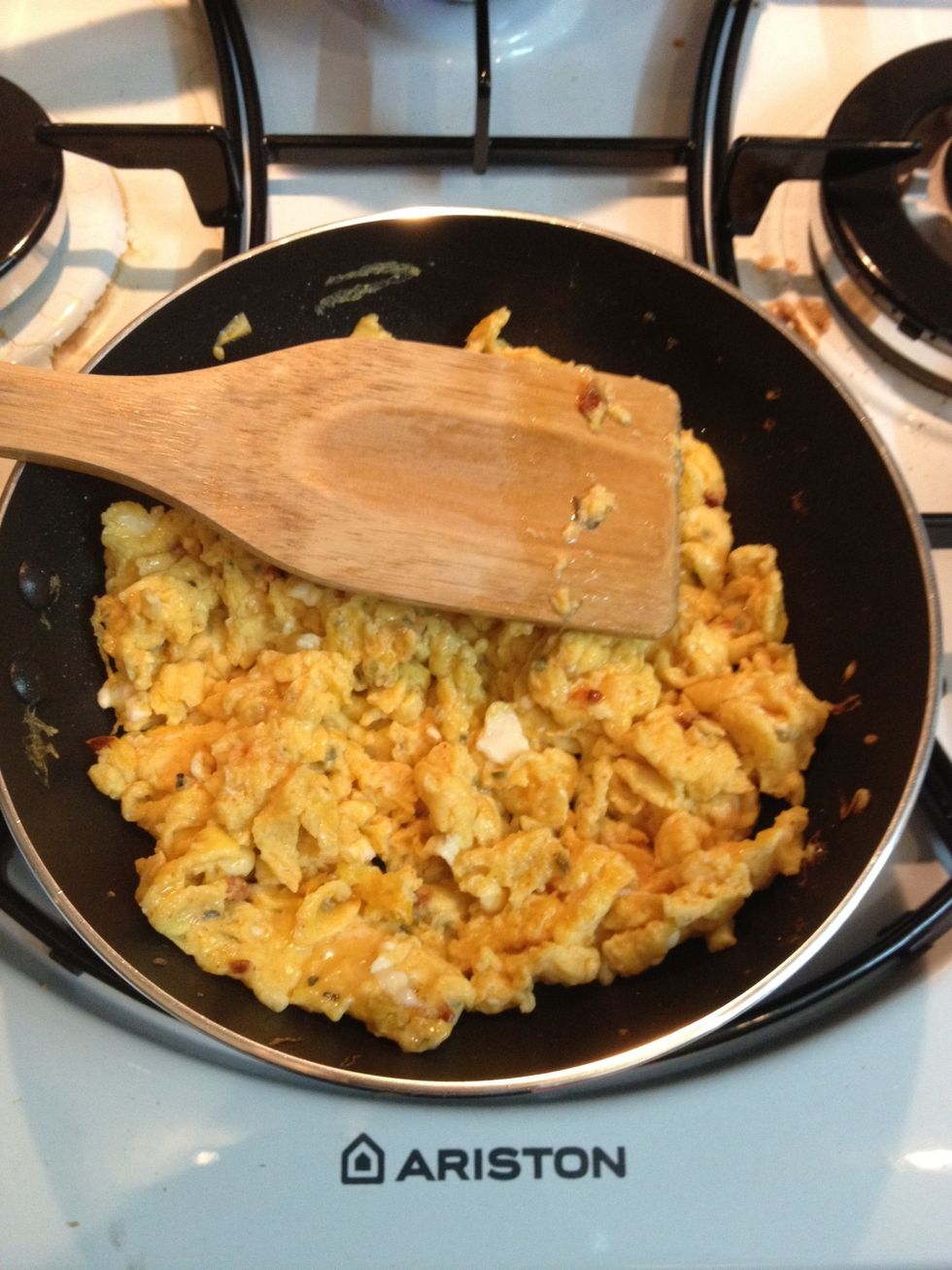 Cook until 80% dry and break into small chunks.