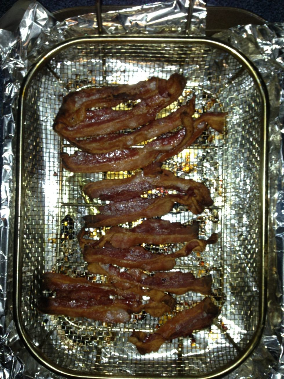 Cook until desired crispness is achieved.  This took about 25 minutes,  start watching it around 15 minutes in.  For this recipe I prefer the bacon to be very crispy.