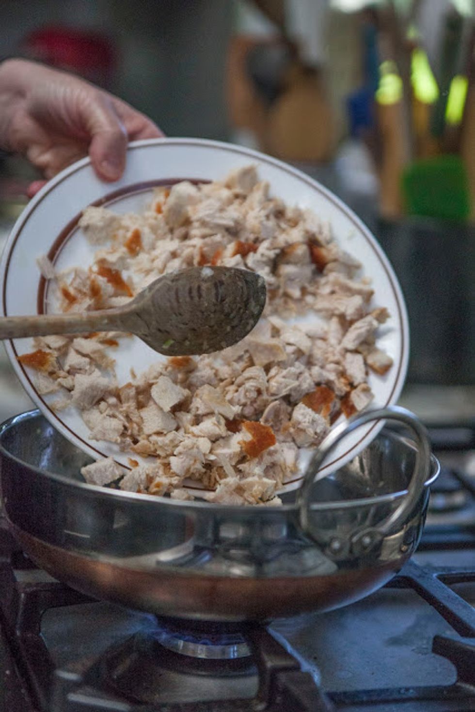 Cook until the chicken is cooked through (about 5 to 10 minutes.) If you are using cooked chicken once the vegetables are translucent and soft, you can add it in, and warm it up.