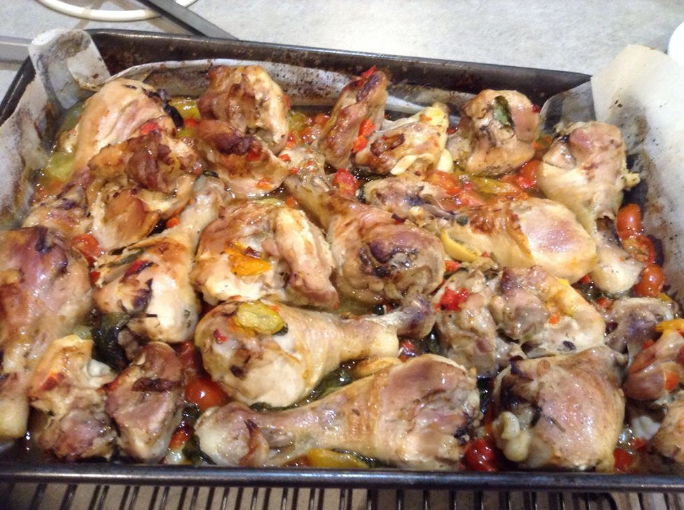 Cook until the chicken skin is crisp and the meat falls of the bone