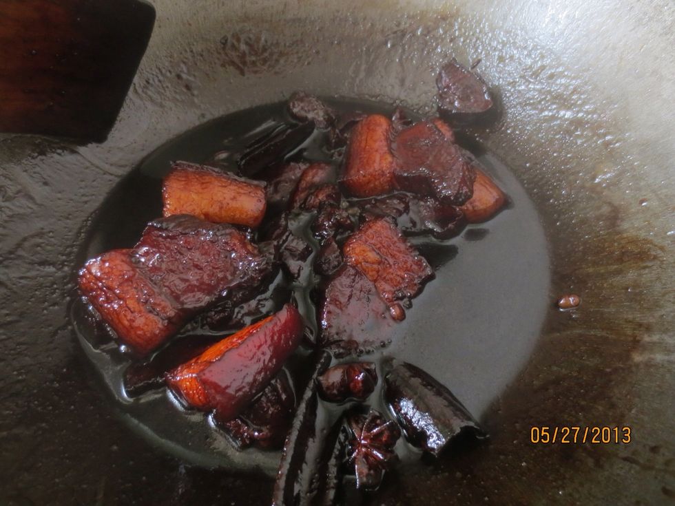 Cook until the meat has soaked up all the sauces and spices, about twenty minutes.