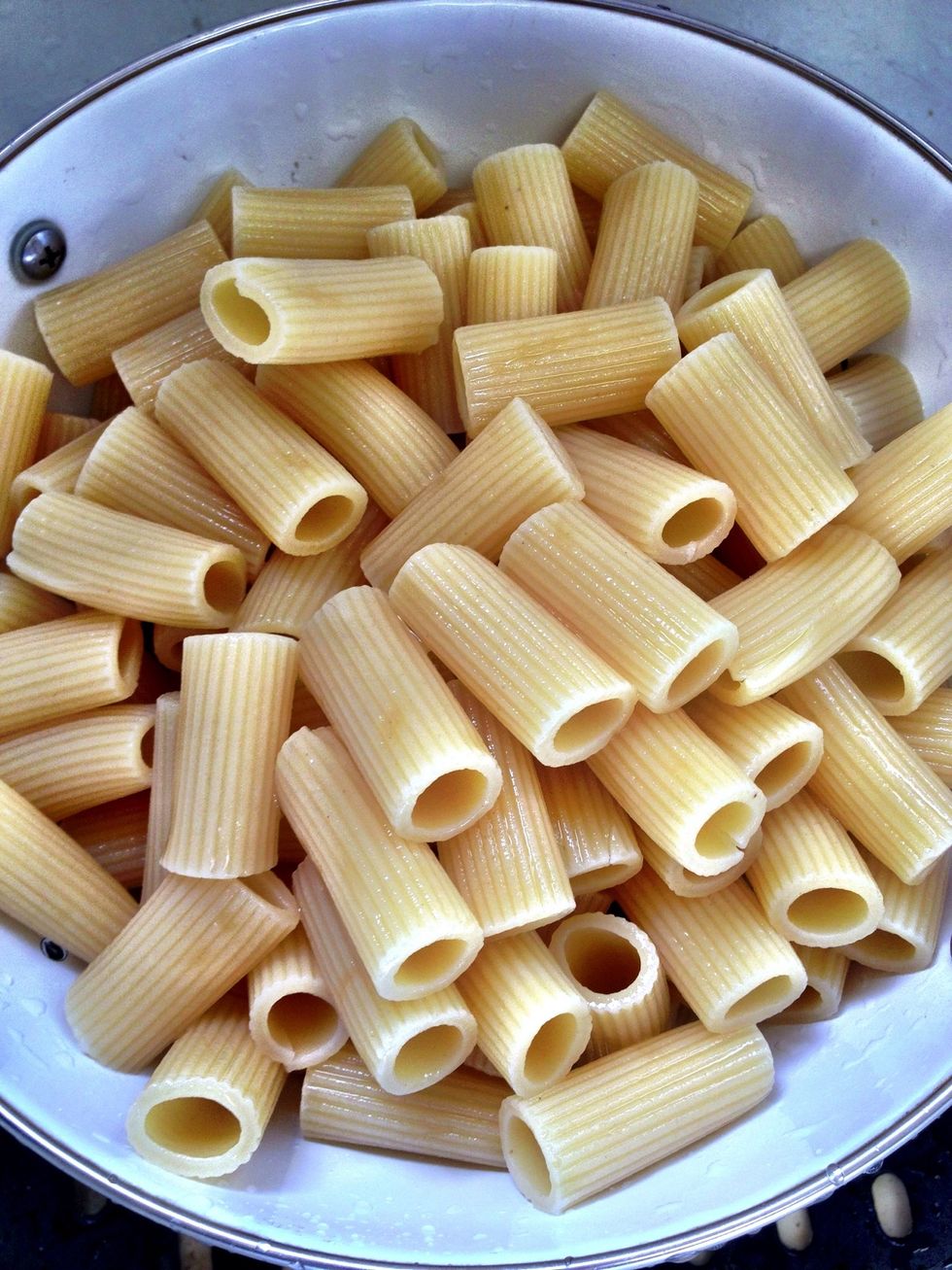 Cook your pasta until slightly underdone. I boiled mine for 8 minutes (the package suggested 11 minutes). Rinse under cold water and drain.