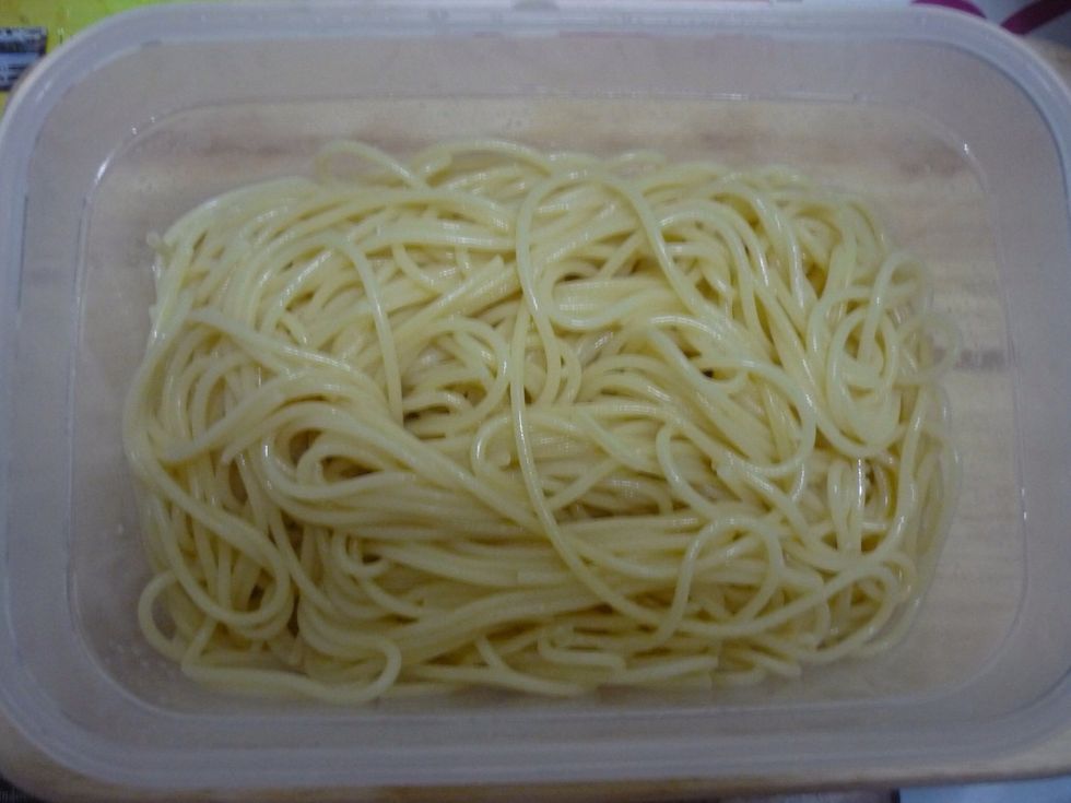 Cook your spaghetti in boiling water for 8-10min or until its al dente and set aside in a container.