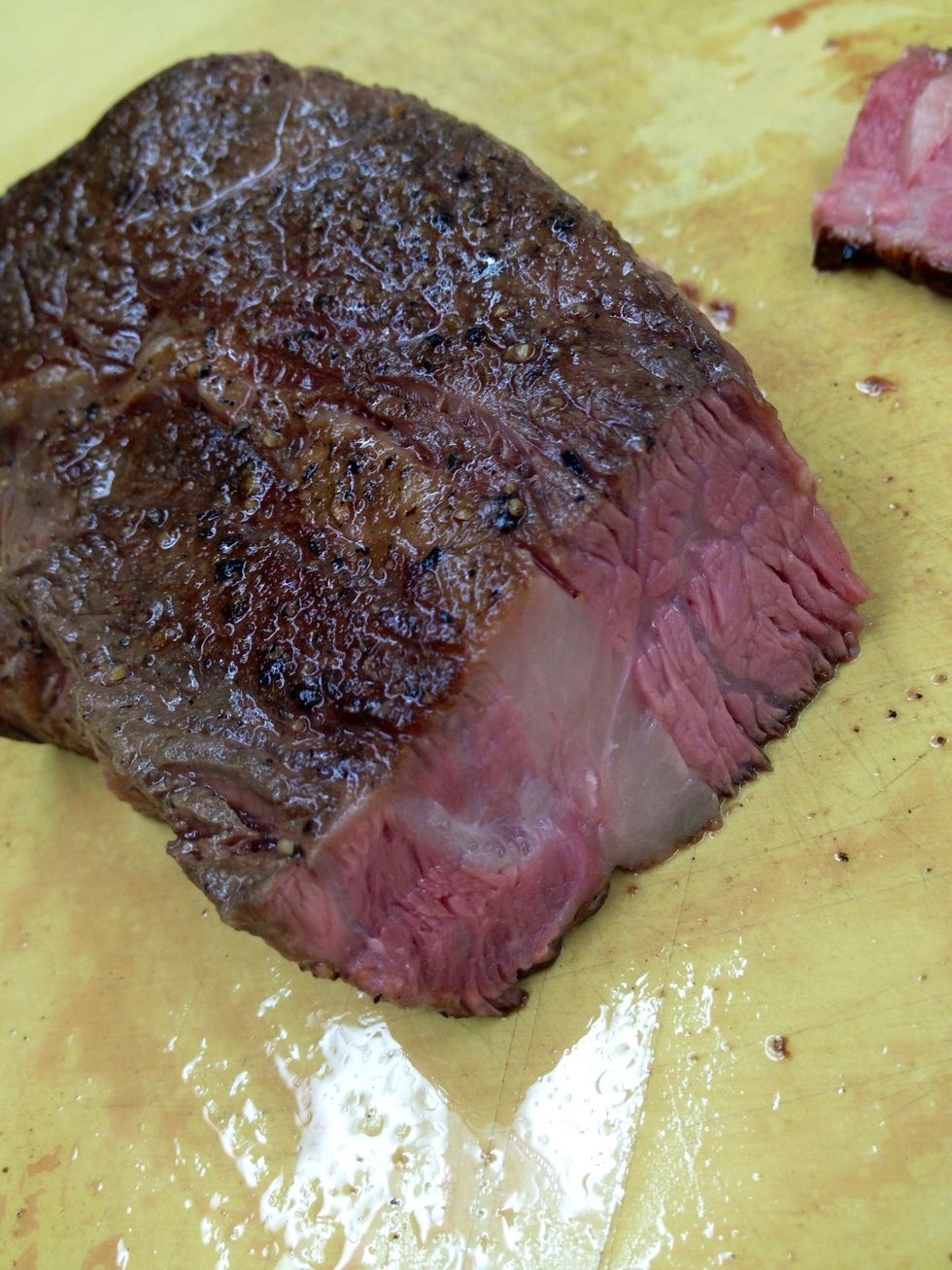 Cooked to exactly 135F (57C). Tender, but firm, and all the fat pockets are intact.