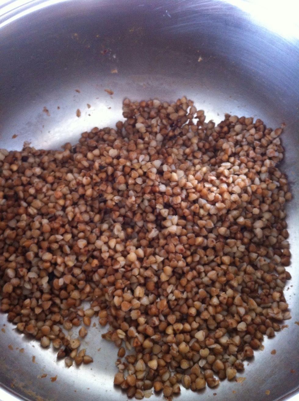 Cooking buckwheat is like cooking rice. Wash, drain, and cook the buckwheat in two cups of water. Let boil and then simmer, uncovered, for about 15 minutes on medium heat, until water is absorbed.