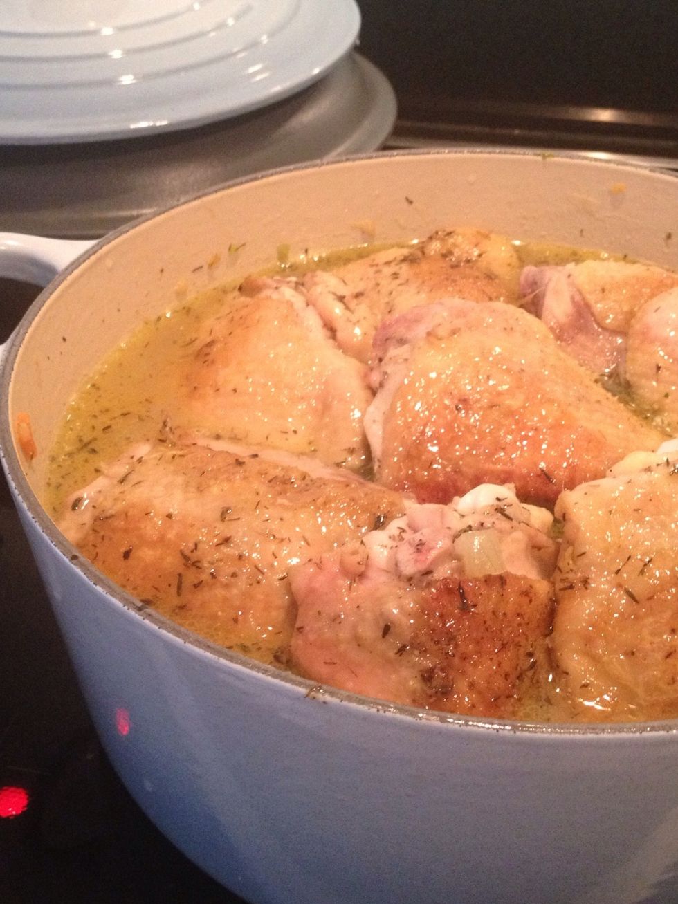 COOKING STEP: add enough water to be just under the level of the chicken thighs.Bring to the boil, then reduce to a simmer (lid on) & cook on low for 40-50 minutes until the chicken thighs are cooked