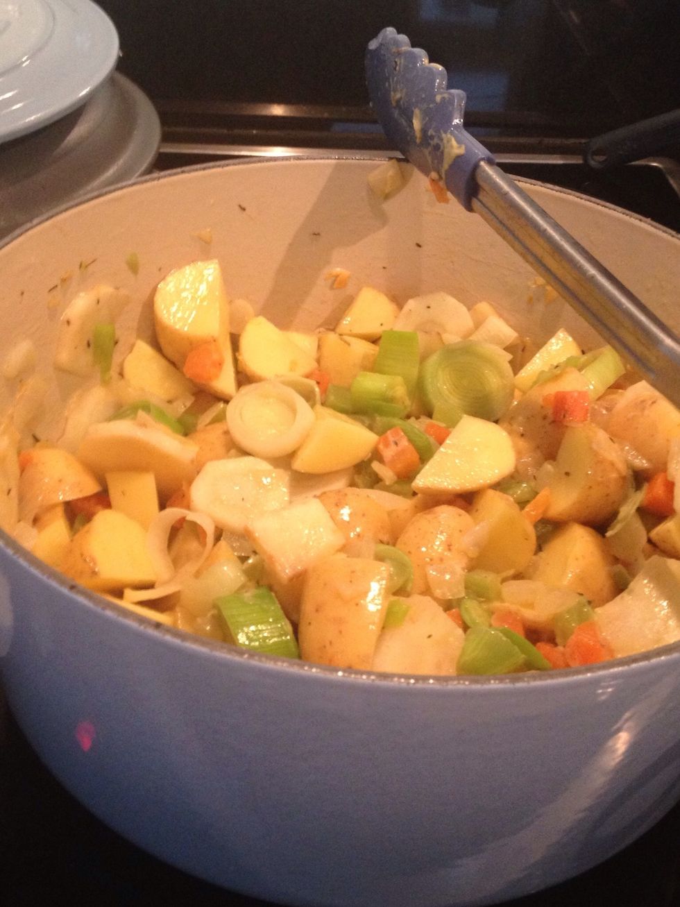 COOKING STEP: add the rest of your chopped veg, mustard, honey and bouillon powder and stir over a low heat for 5 more minutes. Add more thyme if you like a stronger herby flavour