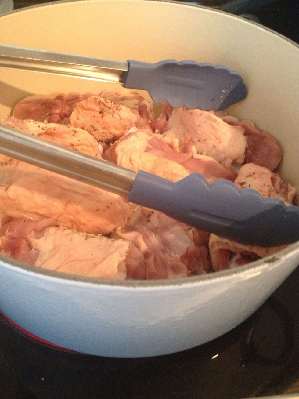 ~COOKING STEP: brown chicken thighs (skin down) for 5-10 minutes in olive oil then remove with tongs and put to one side ~PROBLEM: handling food ~SOLUTION: buy a big sturdy pair of kitchen tongs