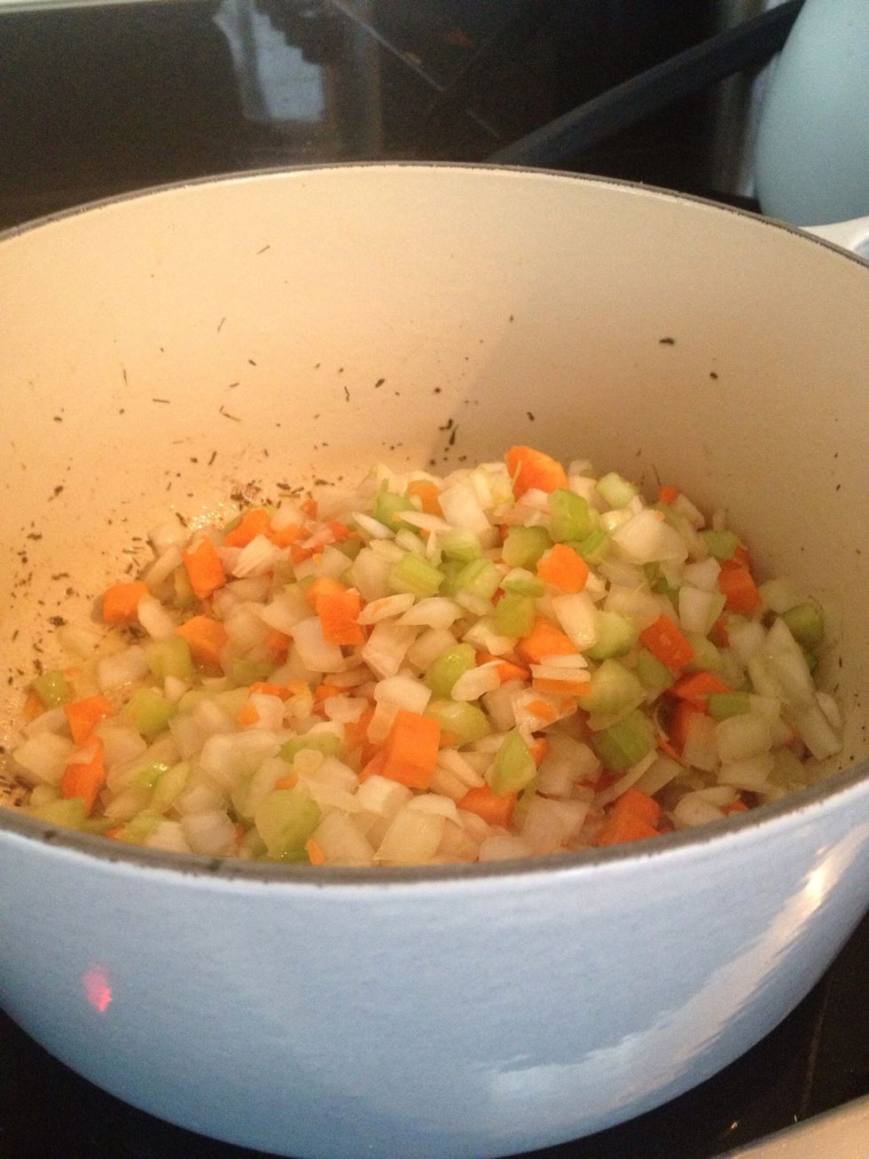 COOKING STEP: gently cook your chopped sofrito (carrot celery and onion) in the chicken pan oil until starting to soften and a little translucent (10-15 mins).