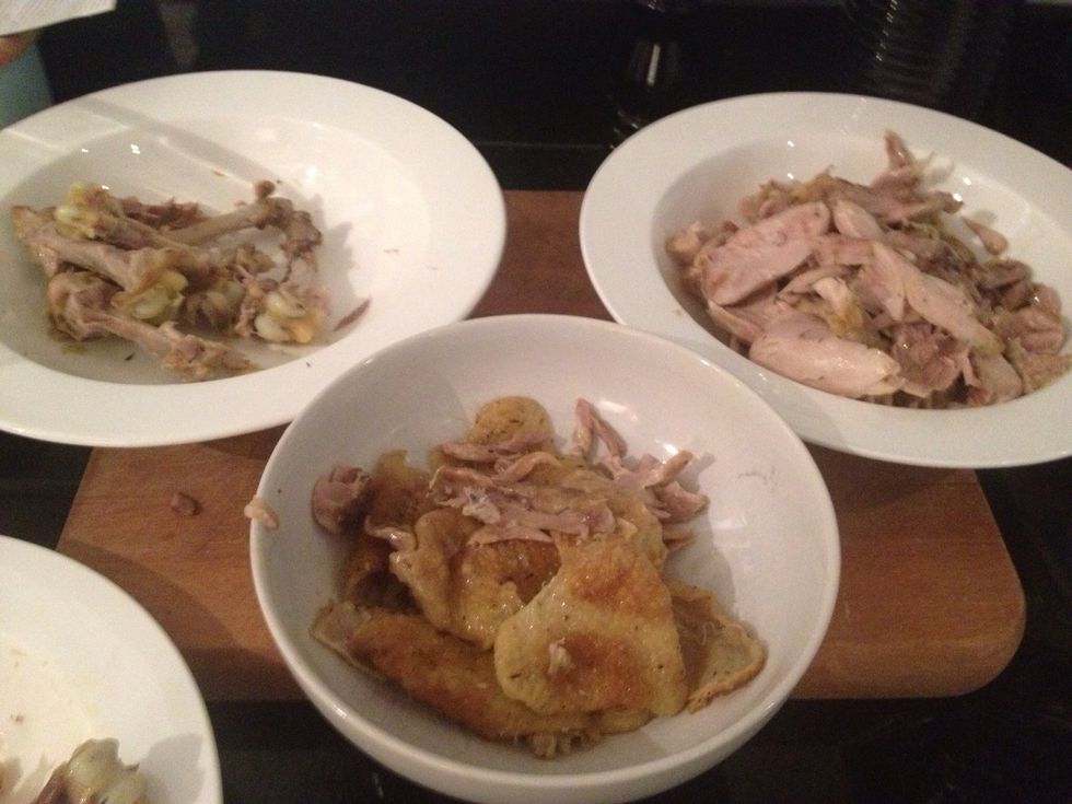 ~COOKING STEP: strip chicken off bones ~PROBLEM:stripping the meat ~SOLUTION: Let thighs cool then pinch off skin & meat with your working hand using 3 bowls:1 for meat, 1 for bones and 1 for the dog!