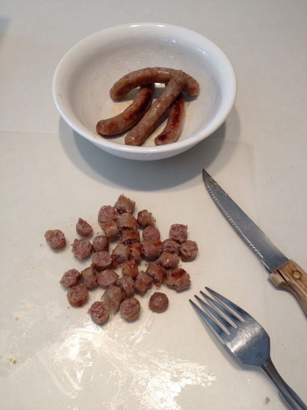 Cool and slice your sausage links. If you like bacon or ham, you can cook that up also.