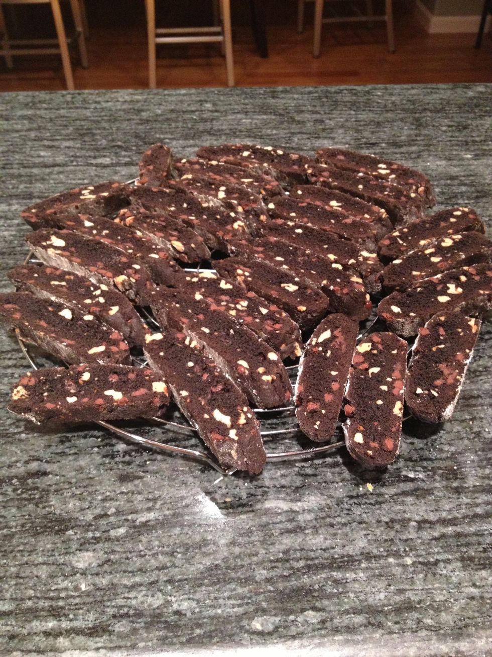 Cool biscotti on a wire rack.