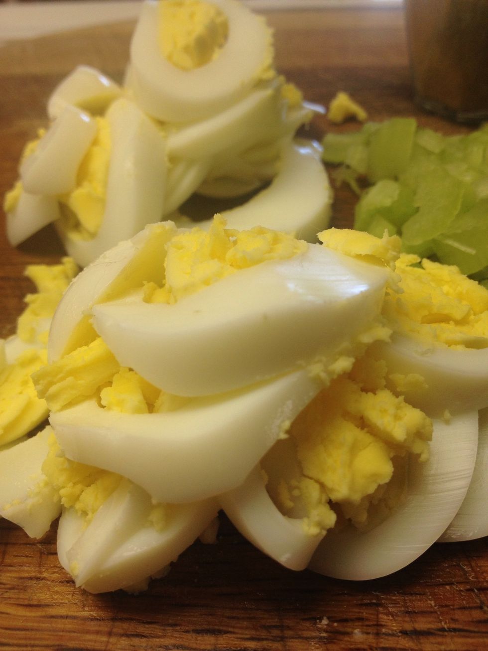 Cool eggs under cold water, peel and chop