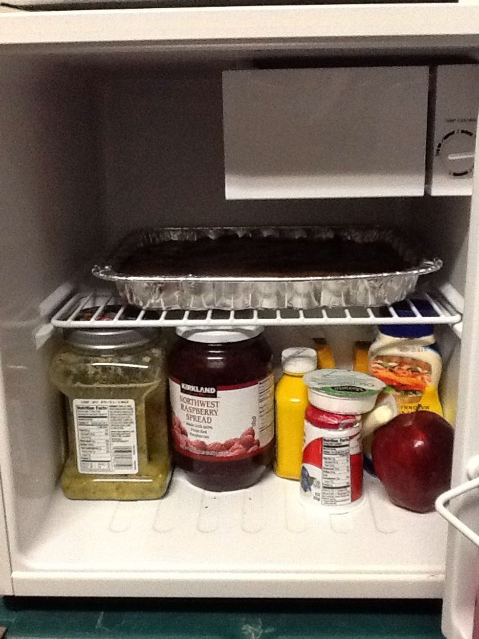 Cool in either refrigerator or on counter. As soon as the chocolate topping is cool cut to desired size and enjoy