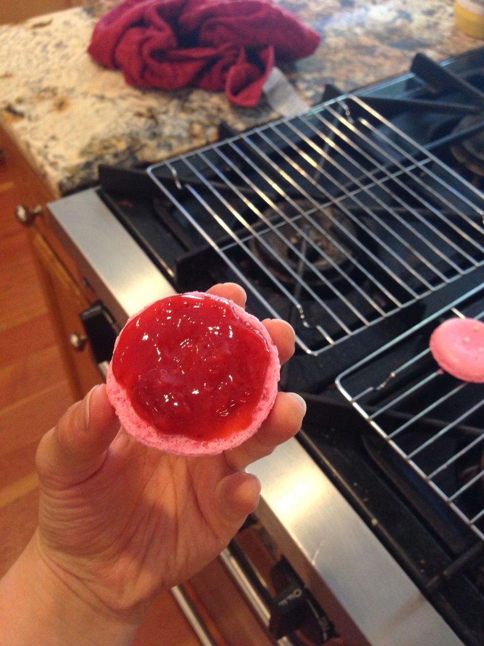 Cool on a wire rack for about ten minutes, then add strawberry jam (or whatever fillings you prefer! Frosting, chocolate, fresh fruit, anything!)