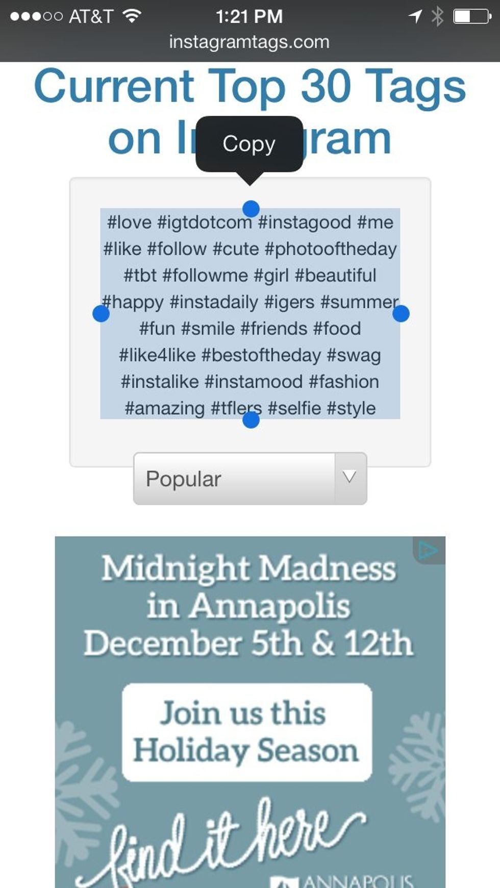 Copy the 30 popular hashtags. You can also select a category that's more specific to your picture....
