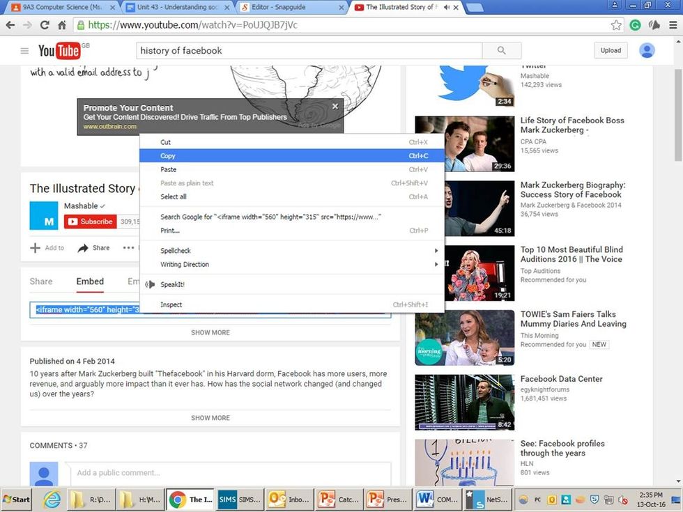Copy the embed code by right clicking the mouse and selecting "COPY".
