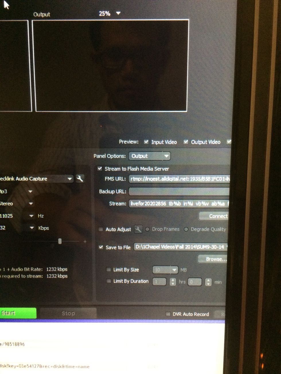 Copy the stream address and paste into the Adobe Flash Media Encoder into the Stream field. If the adobe has issues check the settings on the photo of adobe on the desk top.