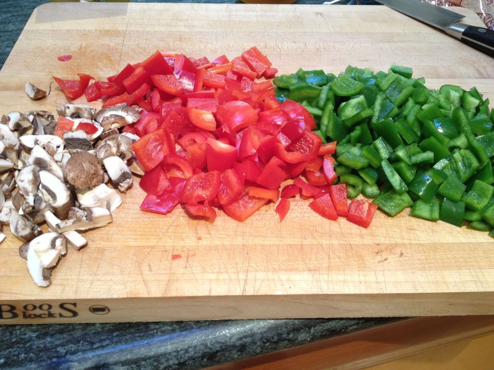 Core and dice the peppers. Dice the mushrooms. Either store in an airtight container, or place directly in the slow cooker.