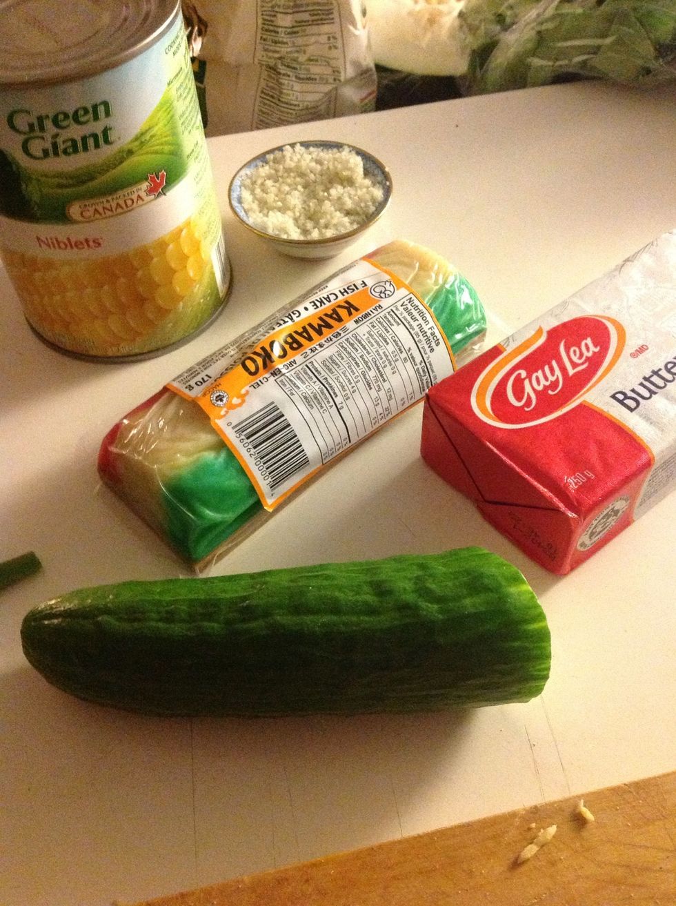 Corn! Kamaboko! Butter! Cucumber! It's like a prop table for a gay porn flick.