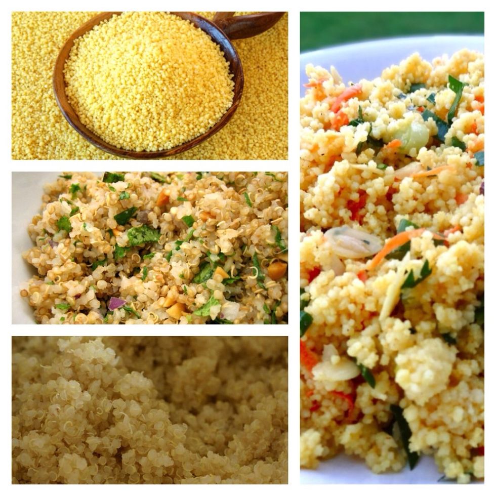 Couscous and quinoa are a super healthy alternative to rice and pasta and they're very versatile. They have less calories, gluten and more vitamins and nutrients than pasta and rice do.