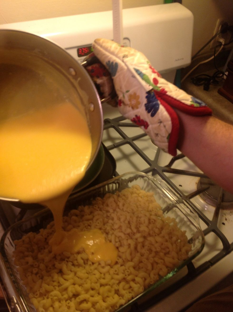 Cover all areas of the pan in cheese.