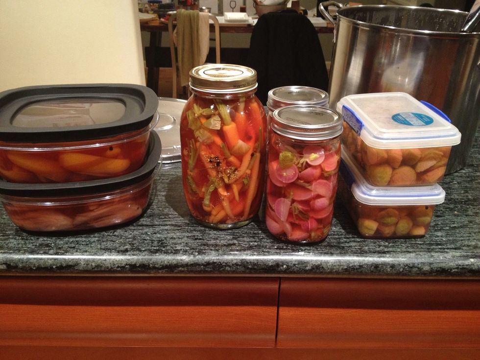 Cover and chill. Either serve when cold, or keep in the fridge for up to 24 hours. You can keep in the fridge longer if you transfer to airtight containers. Drain vegetables before serving.