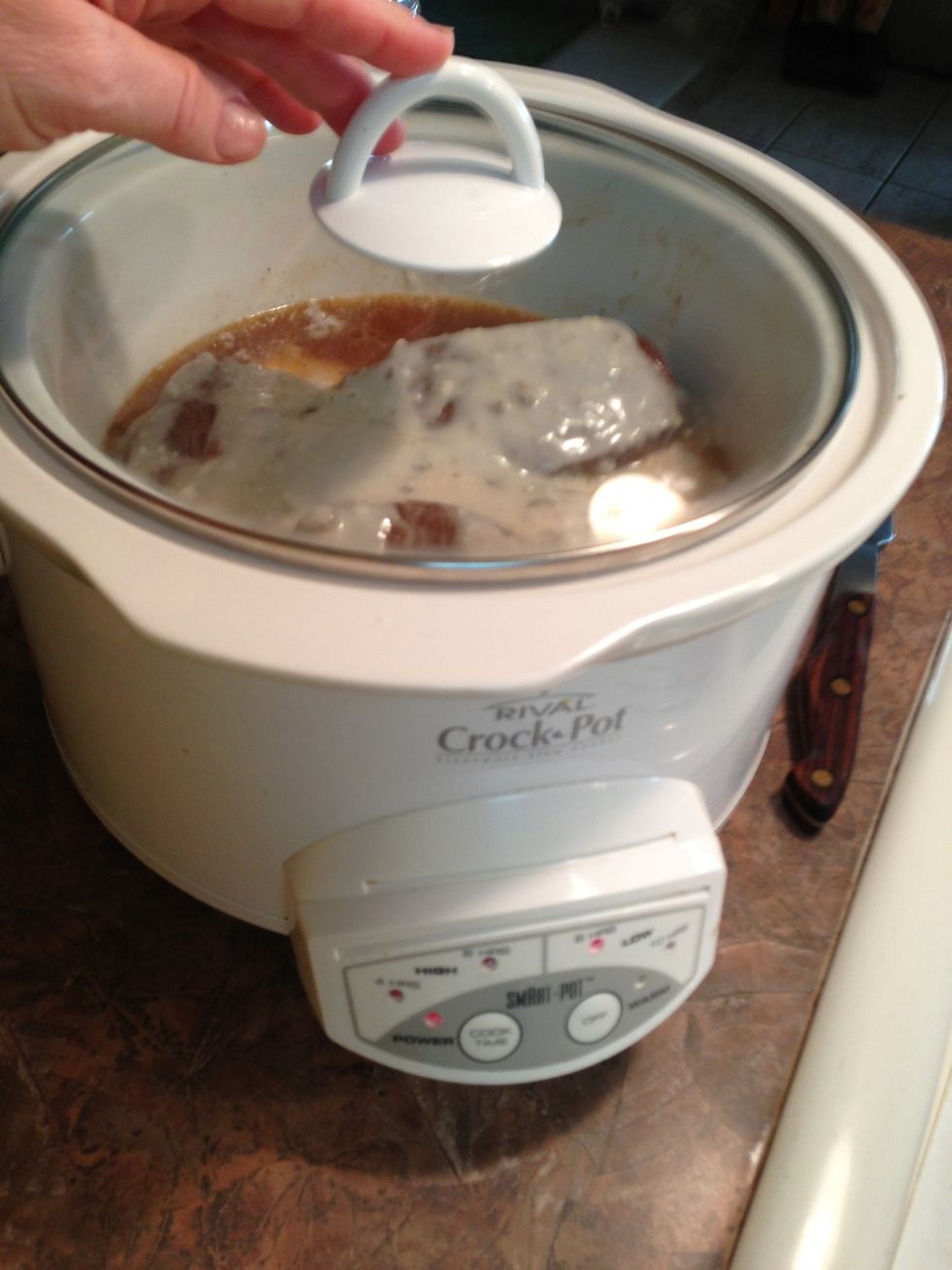 Cover and cook on low 6+ hours. I put this in about 7:30AM and we had it at 5PM, 9 hours later. The beauty of the slow cooker is cooking a little longer just makes it more tender. You can test w/fork.